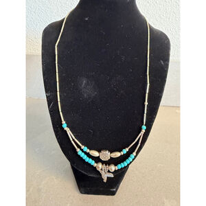 Southwestern Boho Turquoise Style Necklace Silver Tone Beaded Hummingbird Unmark